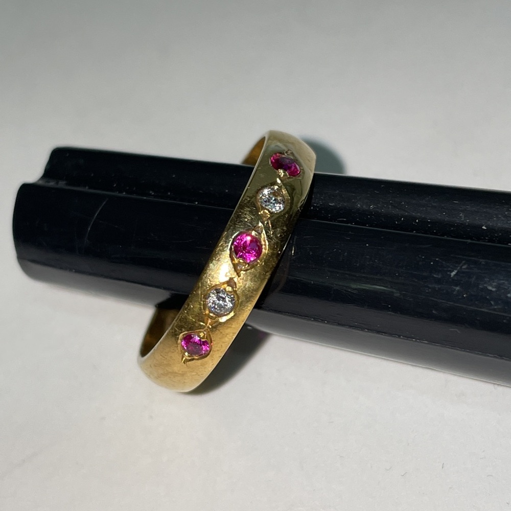 Antique ERNST Solid 14K Yellow Gold Synthetic Ruby Faux Diamond Unisex Band Ring